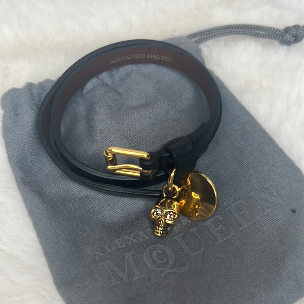 Alexander McQueen Black & Gold Leather Wrap Bracelet